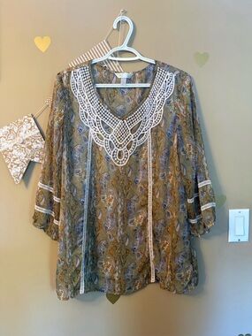 Krazy Kat Olive & Royal Blue Paisley Sheer Boho Tunic